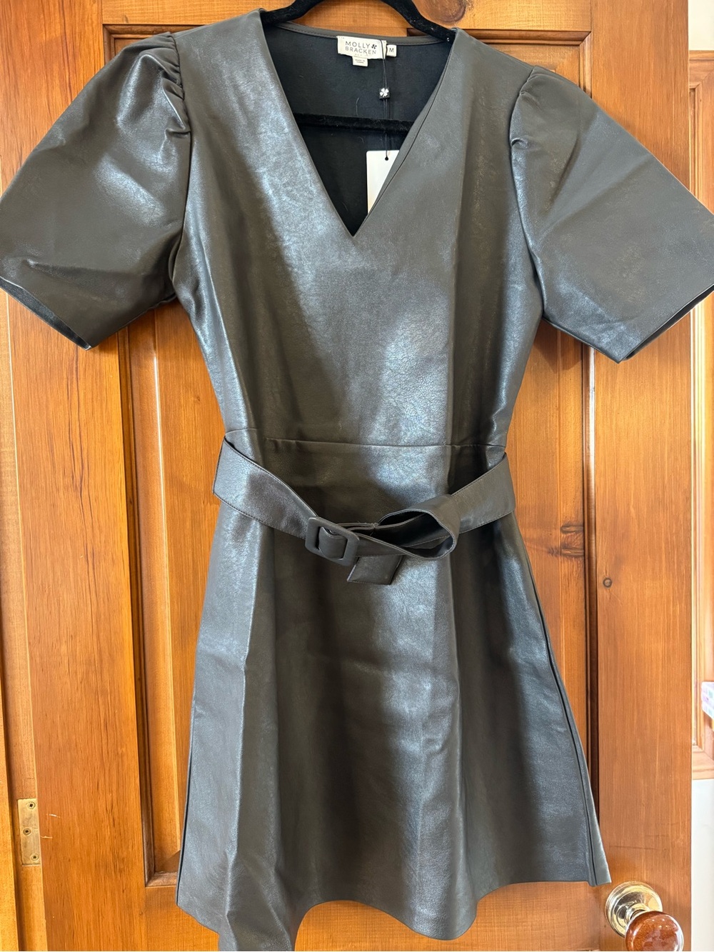 Molly Bracken Black Faux Leather V-Neck Belted Mini Dress
